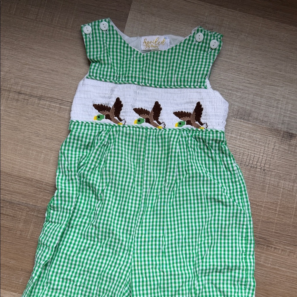 Spoiled Green and White Gingham Bodysuit with Embroidery Bird Design